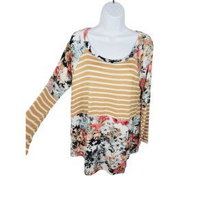 again blouse Top  medium multicolor Floral  patchwork  top long sleeve Yellow